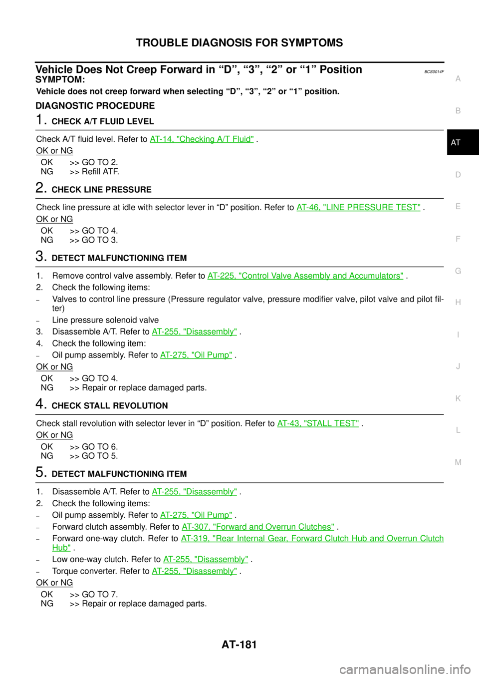NISSAN TEANA 2003 Service Manual TROUBLE DIAGNOSIS FOR SYMPTOMS
AT-181
D
E
F
G
H
I
J
K
L
MA
B
AT
Vehicle Does Not Creep Forward in “D”, “3”, “2” or “1” Position BCS0014F
SYMPTOM:
Vehicle does not creep forward when NISSAN TEANA 2003 Service Manual TROUBLE DIAGNOSIS FOR SYMPTOMS
AT-181
D
E
F
G
H
I
J
K
L
MA
B
AT
Vehicle Does Not Creep Forward in “D”, “3”, “2” or “1” Position BCS0014F
SYMPTOM:
Vehicle does not creep forward when