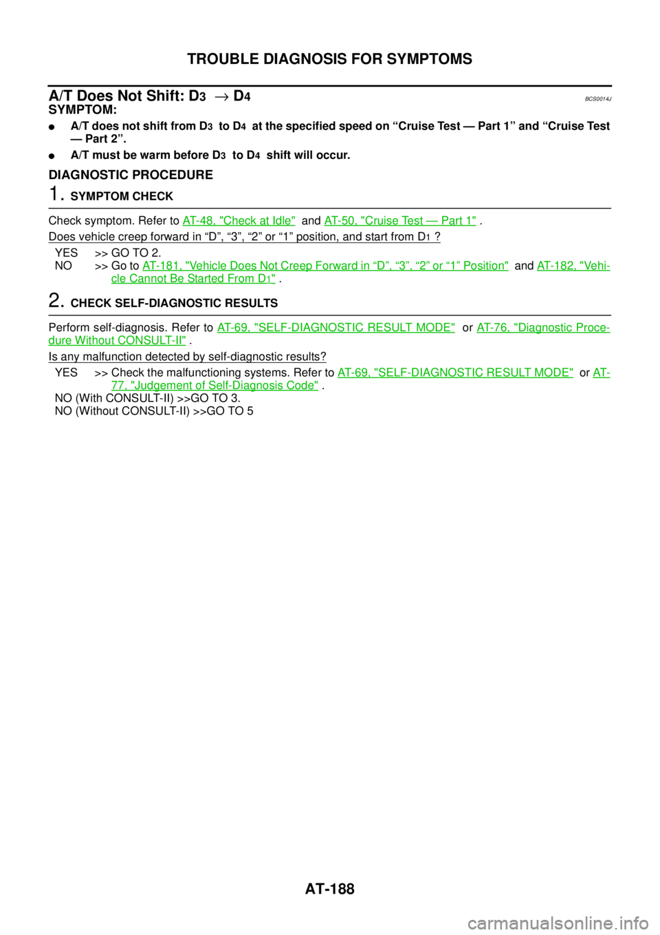 NISSAN TEANA 2003 Service Manual AT-188
TROUBLE DIAGNOSIS FOR SYMPTOMS
A/T Does Not Shift: D3 → D4BCS0014J
SYMPTOM:
A/T does not shift from D3 to D4 at the specified speed on “Cruise Test — Part 1” and “Cruise Test
NISSAN TEANA 2003 Service Manual AT-188
TROUBLE DIAGNOSIS FOR SYMPTOMS
A/T Does Not Shift: D3 → D4BCS0014J
SYMPTOM:
A/T does not shift from D3 to D4 at the specified speed on “Cruise Test — Part 1” and “Cruise Test