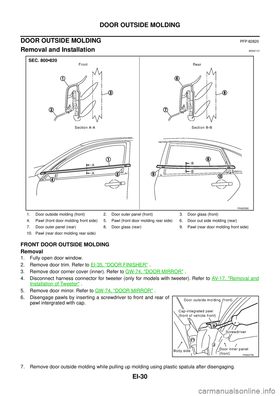 NISSAN TEANA 2003 Service Manual EI-30
DOOR OUTSIDE MOLDING
DOOR OUTSIDE MOLDING PFP:82820
Removal and InstallationBIS0011O
FRONT DOOR OUTSIDE MOLDING
Removal
1. Fully open door window.
2. Remove door trim. Refer to EI-35, "
DOOR F NISSAN TEANA 2003 Service Manual EI-30
DOOR OUTSIDE MOLDING
DOOR OUTSIDE MOLDING PFP:82820
Removal and InstallationBIS0011O
FRONT DOOR OUTSIDE MOLDING
Removal
1. Fully open door window.
2. Remove door trim. Refer to EI-35, "
DOOR F