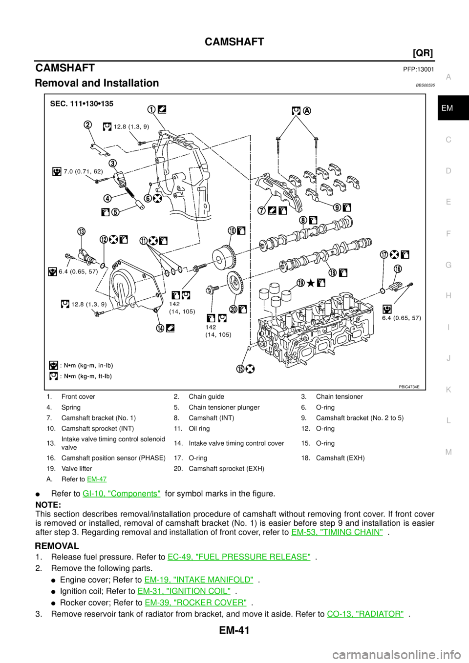 NISSAN TEANA 2003  Service Manual CAMSHAFT
EM-41
[QR]
C
D
E
F
G
H
I
J
K
L
MA
EM
 
CAMSHAFTPFP:13001
Removal and InstallationBBS00595
Refer to GI-10, "Components"  for symbol marks in the figure.
NOTE:
This section describes removal/i