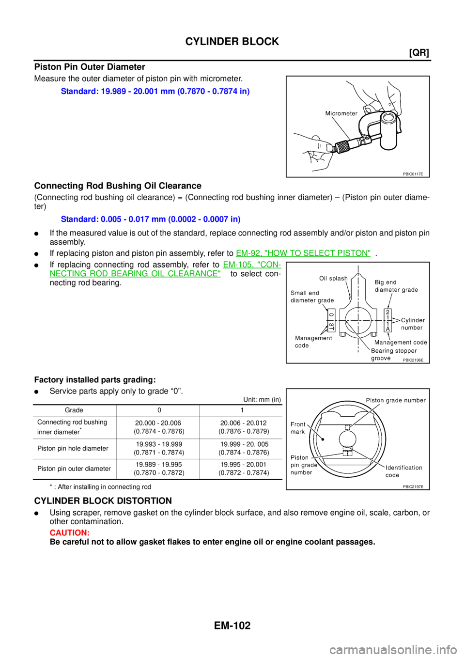 NISSAN TEANA 2003  Service Manual EM-102
[QR]
CYLINDER BLOCK
 
Piston Pin Outer Diameter
Measure the outer diameter of piston pin with micrometer.
Connecting Rod Bushing Oil Clearance
(Connecting rod bushing oil clearance) = (Connecti