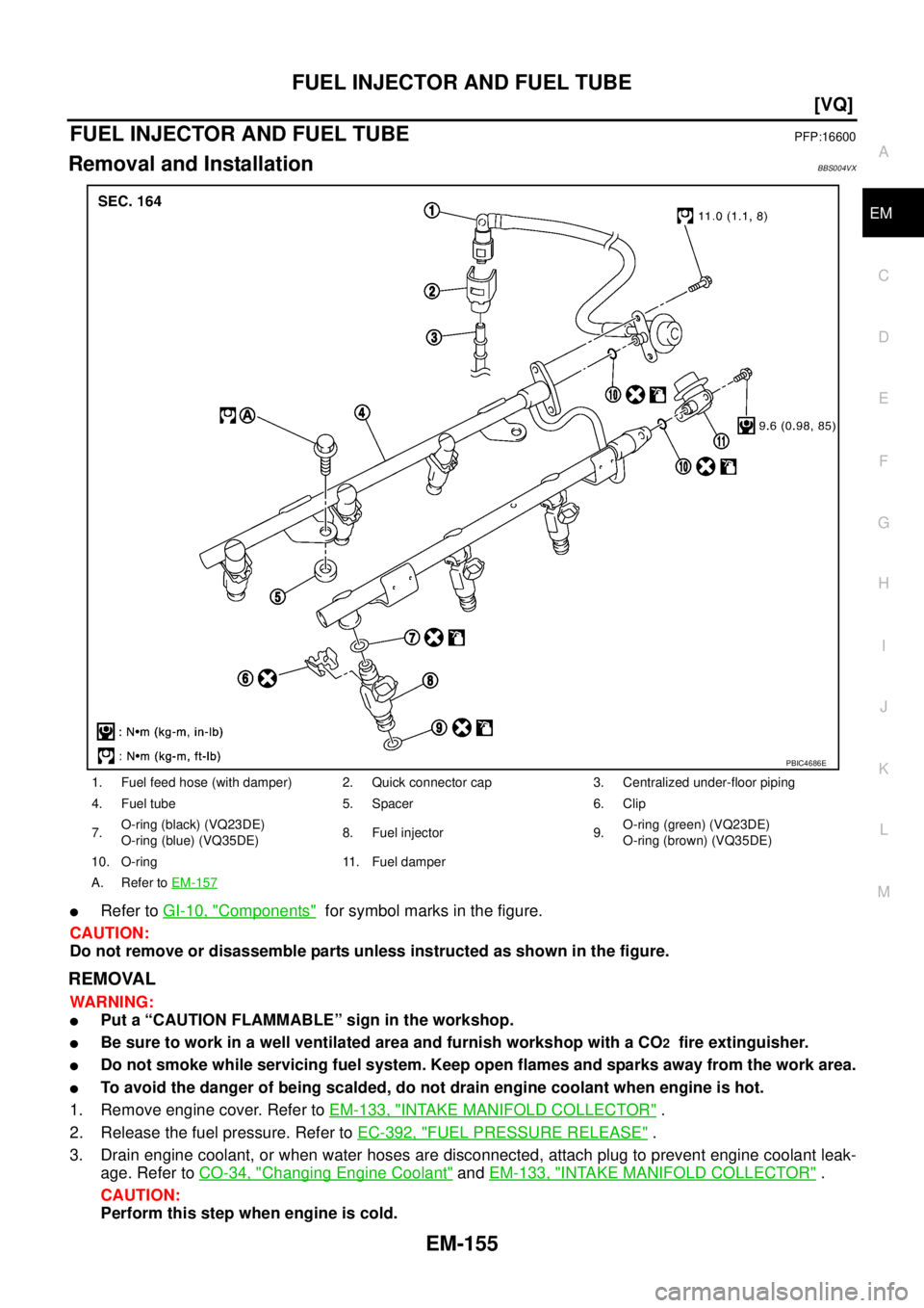 NISSAN TEANA 2003  Service Manual FUEL INJECTOR AND FUEL TUBE
EM-155
[VQ]
C
D
E
F
G
H
I
J
K
L
MA
EM
 
FUEL INJECTOR AND FUEL TUBEPFP:16600
Removal and InstallationBBS004VX
Refer to GI-10, "Components"  for symbol marks in the figure.