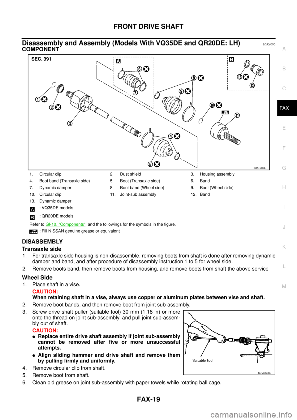 NISSAN TEANA 2003  Service Manual FRONT DRIVE SHAFT
FAX-19
C
E
F
G
H
I
J
K
L
MA
B
FA X
 
Disassembly and Assembly (Models With VQ35DE and QR20DE: LH)BDS0007Q
COMPONENT
DISASSEMBLY
Transaxle side 
1. For transaxle side housing is non-d