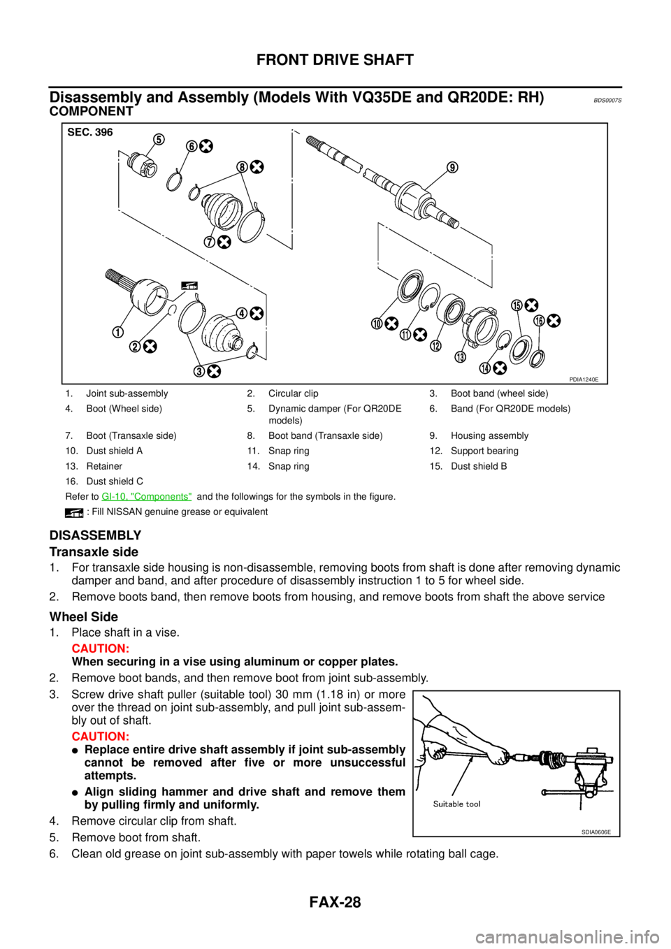 NISSAN TEANA 2003  Service Manual FAX-28
FRONT DRIVE SHAFT
 
Disassembly and Assembly (Models With VQ35DE and QR20DE: RH)BDS0007S
COMPONENT
DISASSEMBLY
Transaxle side 
1. For transaxle side housing is non-disassemble, removing boots f