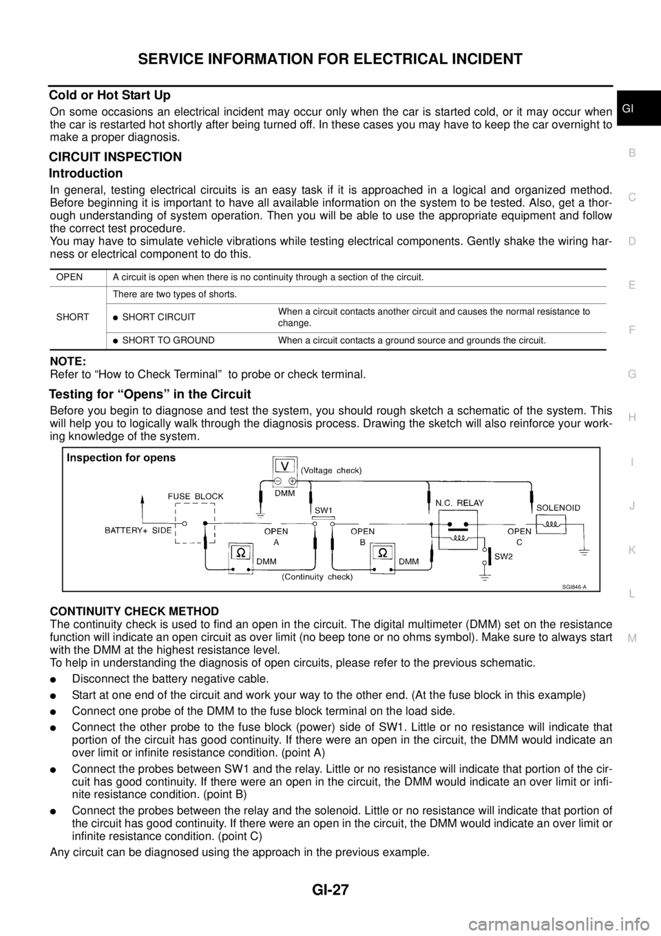 NISSAN TEANA 2003  Service Manual SERVICE INFORMATION FOR ELECTRICAL INCIDENT
GI-27
C
D
E
F
G
H
I
J
K
L
MB
GI
 
Cold or Hot Start Up 
On some occasions an electrical incident may occur only when the car is started cold, or it may occu