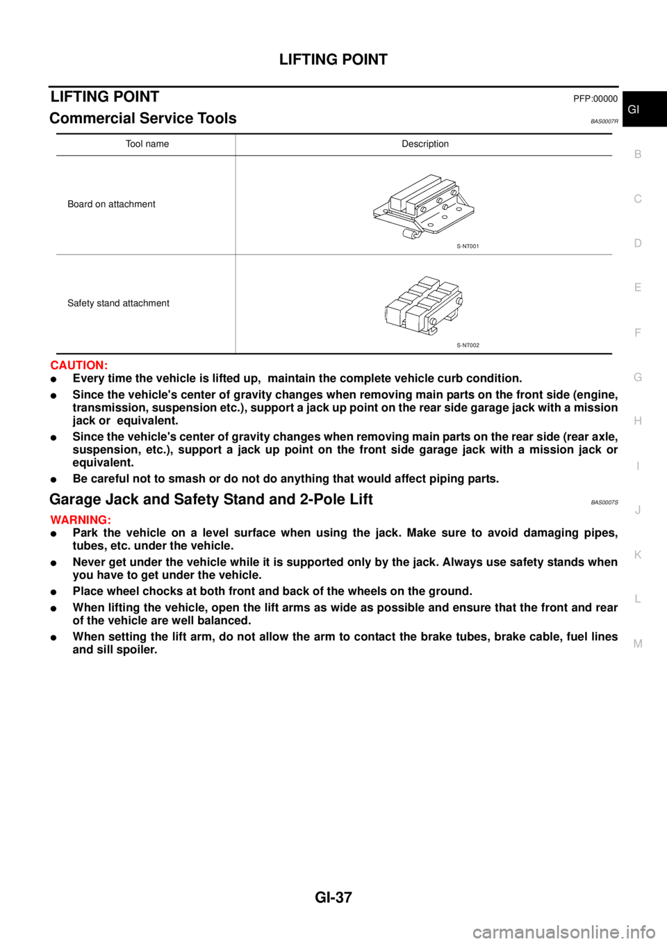 NISSAN TEANA 2003  Service Manual LIFTING POINT
GI-37
C
D
E
F
G
H
I
J
K
L
MB
GI
 
LIFTING POINTPFP:00000
Commercial Service Tools BAS0007R
CAUTION:
Every time the vehicle is lifted up,  maintain the complete vehicle curb condition.
