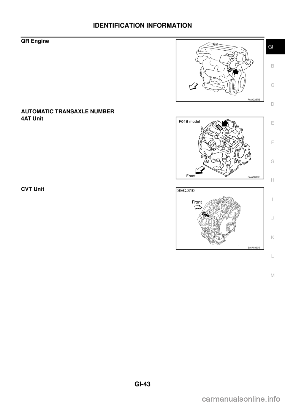 NISSAN TEANA 2003  Service Manual IDENTIFICATION INFORMATION
GI-43
C
D
E
F
G
H
I
J
K
L
MB
GI
 
QR Engine
AUTOMATIC TRANSAXLE NUMBER 
4AT Unit
CVT Unit
PAIA0257E
PAIA0009E
SAIA0360E 