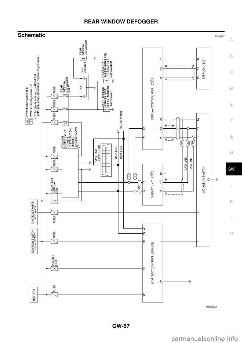 NISSAN TEANA 2003  Service Manual REAR WINDOW DEFOGGER
GW-57
C
D
E
F
G
H
J
K
L
MA
B
GW
 
SchematicBIS000ZY
TIWM1768E 