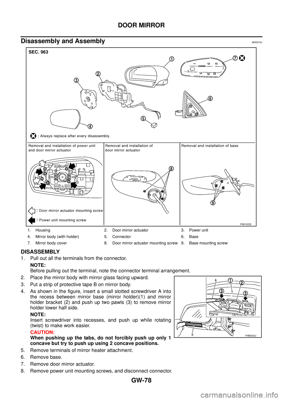 NISSAN TEANA 2003  Service Manual GW-78
DOOR MIRROR
 
Disassembly and AssemblyBIS0010J
DISASSEMBLY
1. Pull out all the terminals from the connector.
NOTE:
Before pulling out the terminal, note the connector terminal arrangement.
2. Pl