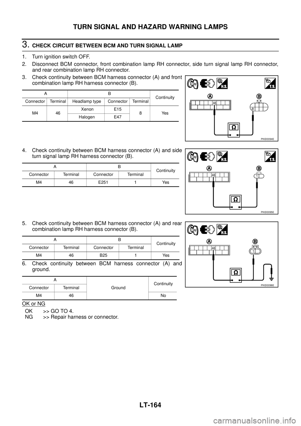 NISSAN TEANA 2003  Service Manual LT-164
TURN SIGNAL AND HAZARD WARNING LAMPS
 
3. CHECK CIRCUIT BETWEEN BCM AND TURN SIGNAL LAMP
1. Turn ignition switch OFF.
2. Disconnect BCM connector, front combination lamp RH connector, side turn