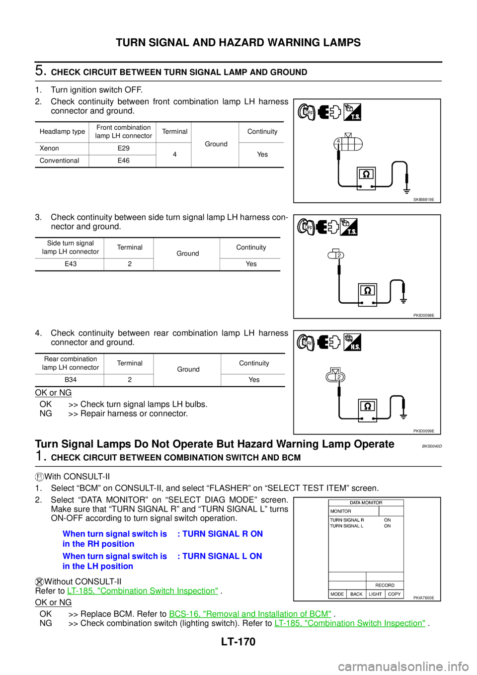 NISSAN TEANA 2003  Service Manual LT-170
TURN SIGNAL AND HAZARD WARNING LAMPS
 
5. CHECK CIRCUIT BETWEEN TURN SIGNAL LAMP AND GROUND
1. Turn ignition switch OFF.
2. Check continuity between front combination lamp LH harness
connector 
