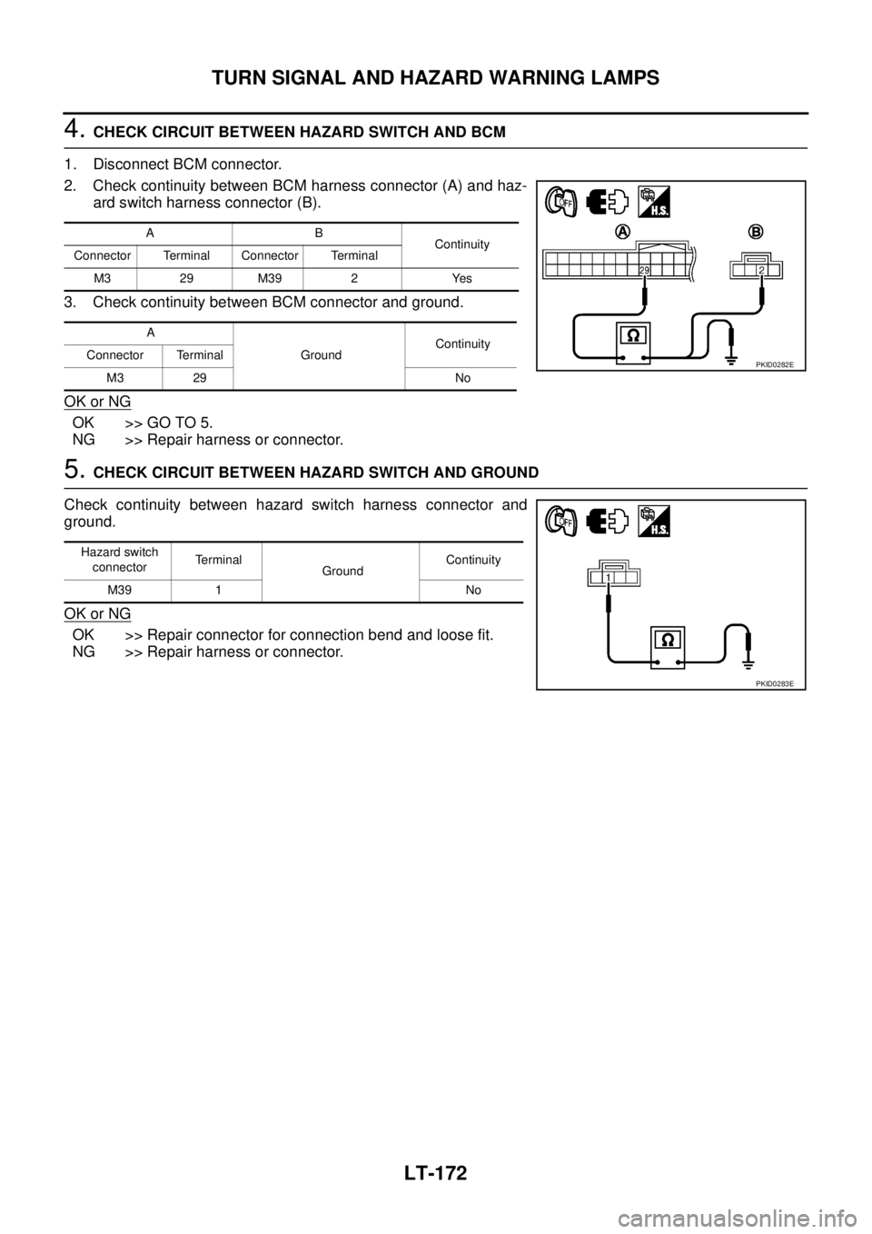 NISSAN TEANA 2003  Service Manual LT-172
TURN SIGNAL AND HAZARD WARNING LAMPS
 
4. CHECK CIRCUIT BETWEEN HAZARD SWITCH AND BCM 
1. Disconnect BCM connector.
2. Check continuity between BCM harness connector (A) and haz-
ard switch har