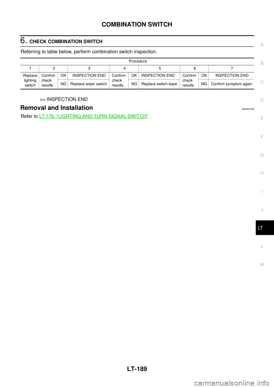 NISSAN TEANA 2003  Service Manual COMBINATION SWITCH
LT-189
C
D
E
F
G
H
I
J
L
MA
B
LT
 
6. CHECK COMBINATION SWITCH 
Referring to table below, perform combination switch inspection.
>> INSPECTION END
Removal and InstallationBKS001QB
R