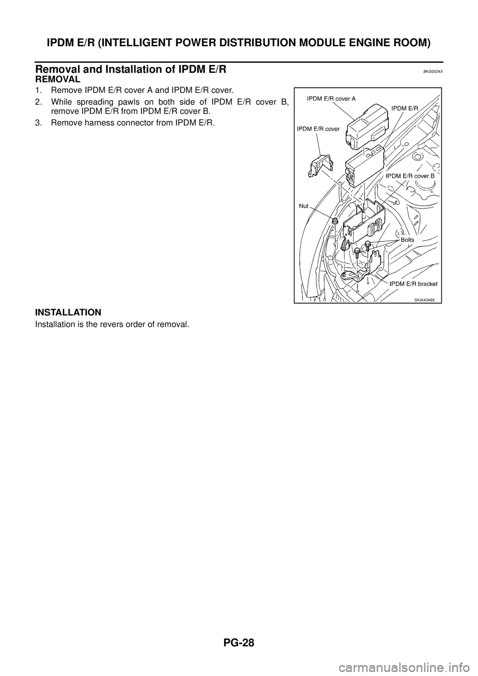 NISSAN TEANA 2003  Service Manual PG-28
IPDM E/R (INTELLIGENT POWER DISTRIBUTION MODULE ENGINE ROOM)
 
Removal and Installation of IPDM E/RBKS0024X
REMOVAL
1. Remove IPDM E/R cover A and IPDM E/R cover. 
2. While spreading pawls on bo