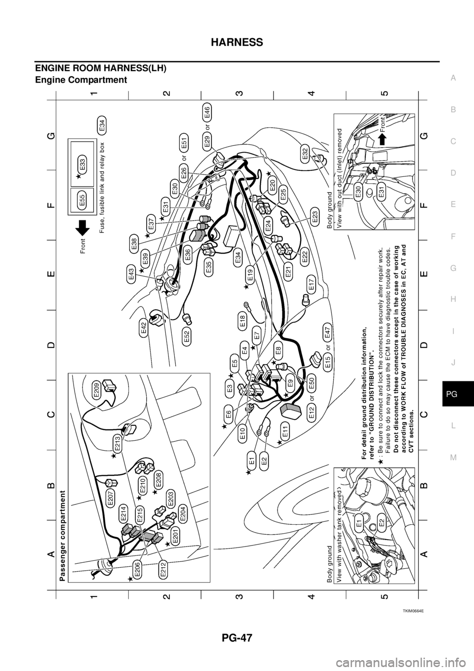 NISSAN TEANA 2003  Service Manual HARNESS
PG-47
C
D
E
F
G
H
I
J
L
MA
B
PG
 
ENGINE ROOM HARNESS(LH)
Engine Compartment
TKIM0664E 