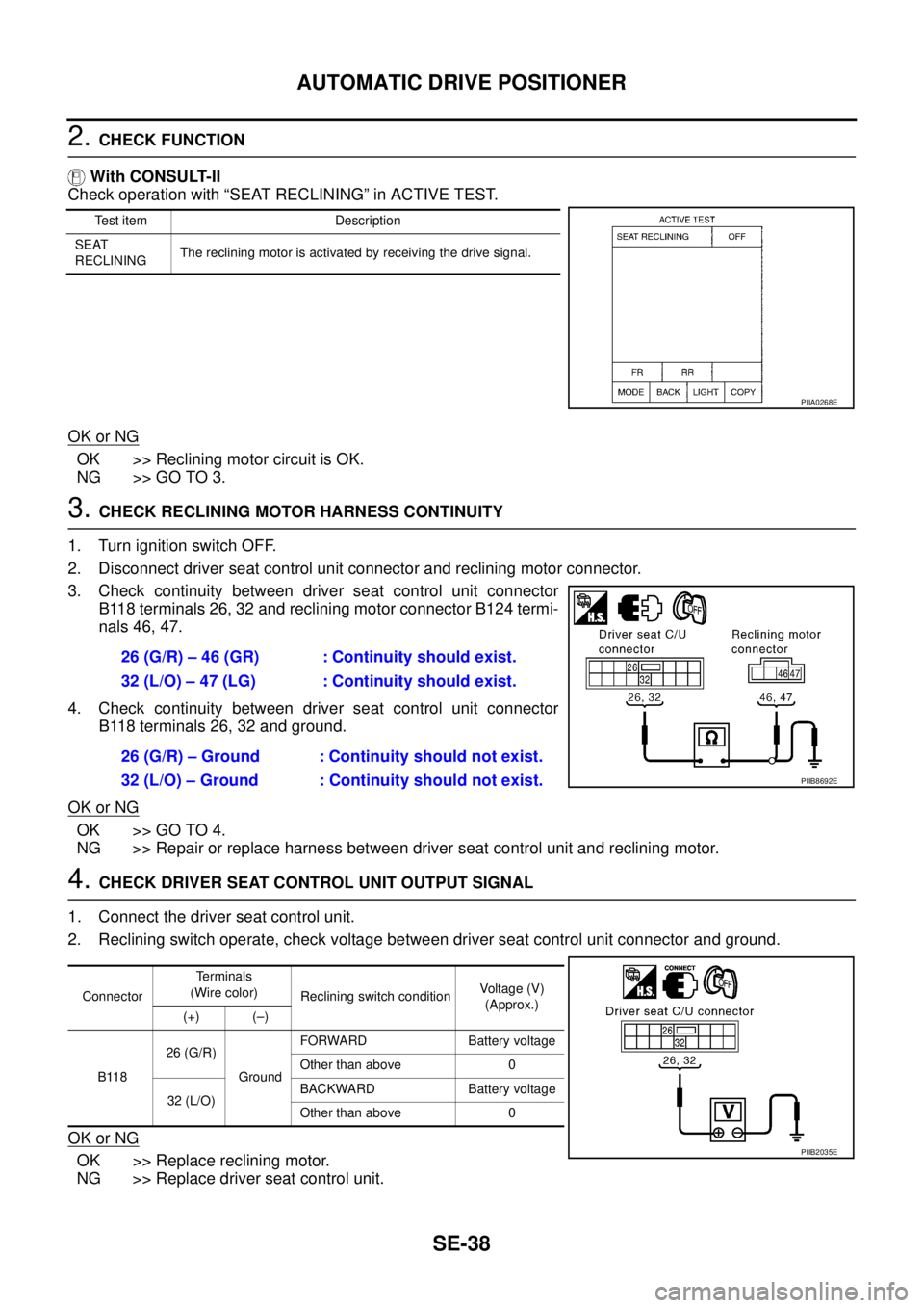 NISSAN TEANA 2003 Service Manual SE-38
AUTOMATIC DRIVE POSITIONER
2. CHECK FUNCTION
With CONSULT-II
Check operation with “SEAT RECLINING” in ACTIVE TEST.
OK or NG
OK >> Reclining motor circuit is OK.
NG >> GO TO 3.
3. CHECK R NISSAN TEANA 2003 Service Manual SE-38
AUTOMATIC DRIVE POSITIONER
2. CHECK FUNCTION
With CONSULT-II
Check operation with “SEAT RECLINING” in ACTIVE TEST.
OK or NG
OK >> Reclining motor circuit is OK.
NG >> GO TO 3.
3. CHECK R