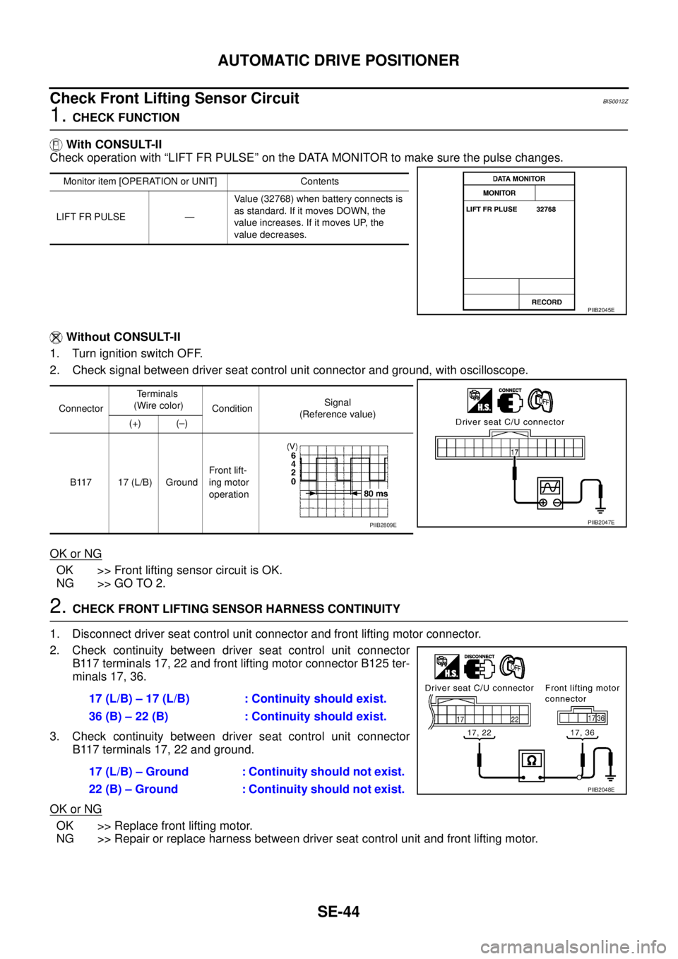 NISSAN TEANA 2003  Service Manual SE-44
AUTOMATIC DRIVE POSITIONER
 
Check Front Lifting Sensor Circuit BIS0012Z
1. CHECK FUNCTION
 With CONSULT-II
Check operation with “LIFT FR PULSE” on the DATA MONITOR to make sure the pulse ch