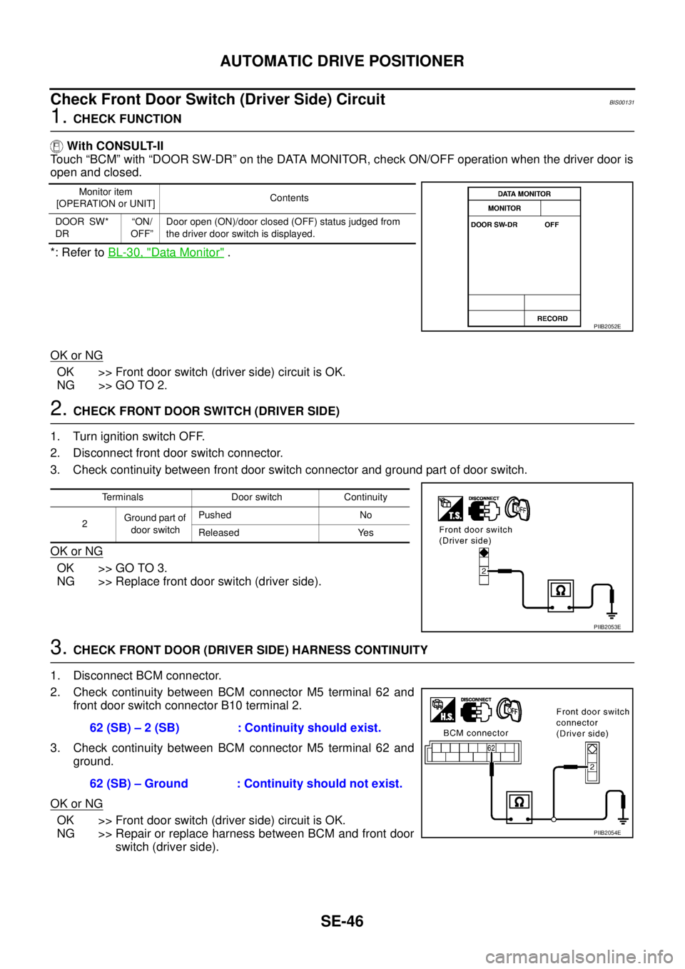 NISSAN TEANA 2003  Service Manual SE-46
AUTOMATIC DRIVE POSITIONER
 
Check Front Door Switch (Driver Side) Circuit BIS00131
1. CHECK FUNCTION
 With CONSULT-II
Touch “BCM” with “DOOR SW-DR” on the DATA MONITOR, check ON/OFF ope