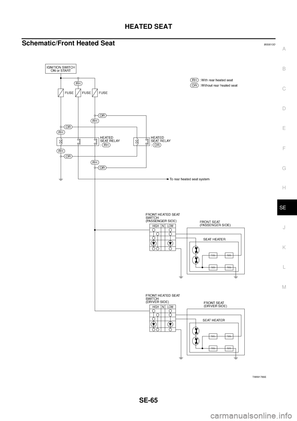 NISSAN TEANA 2003  Service Manual HEATED SEAT
SE-65
C
D
E
F
G
H
J
K
L
MA
B
SE
 
Schematic/Front Heated SeatBIS0013D
TIWM1786E 