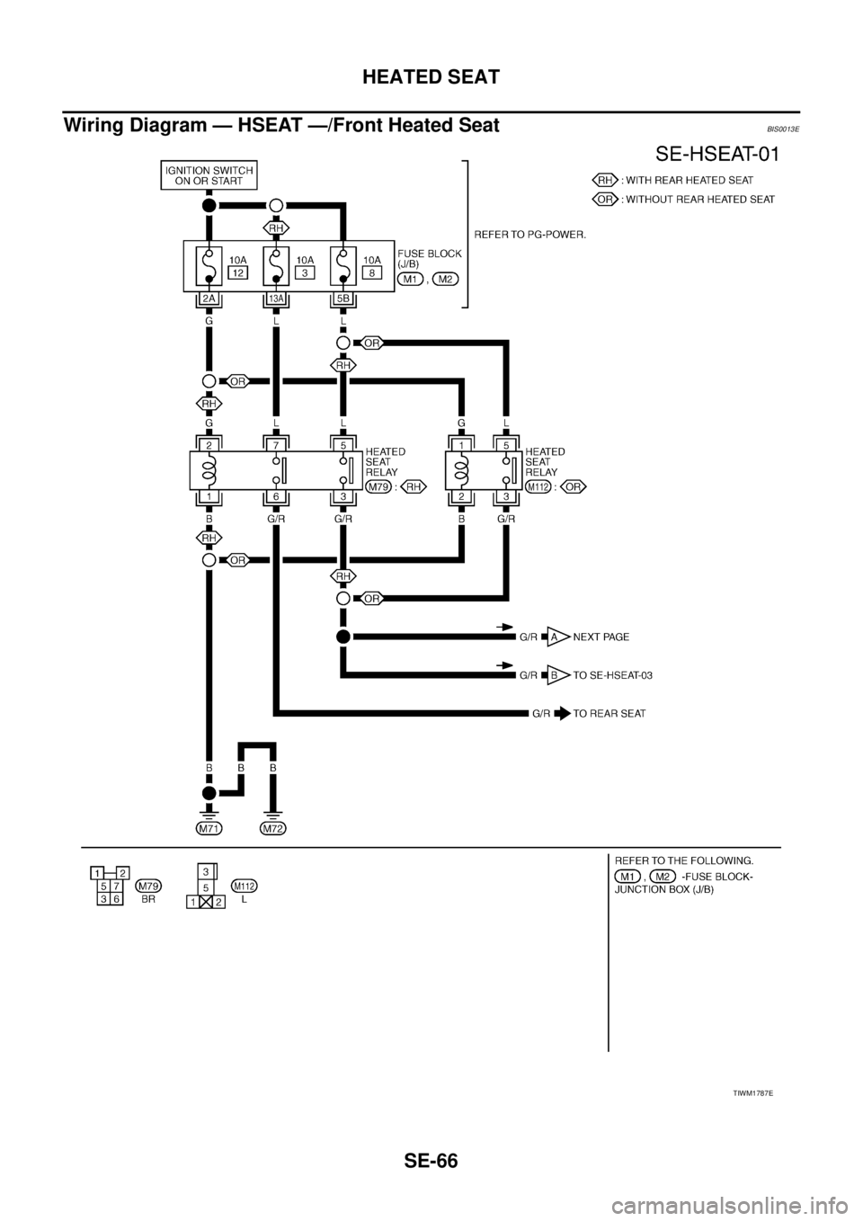 NISSAN TEANA 2003  Service Manual SE-66
HEATED SEAT
 
Wiring Diagram — HSEAT —/Front Heated SeatBIS0013E
TIWM1787E 