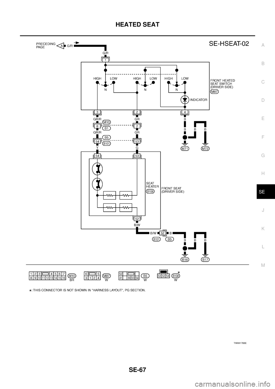 NISSAN TEANA 2003  Service Manual HEATED SEAT
SE-67
C
D
E
F
G
H
J
K
L
MA
B
SE
 
TIWM1788E 