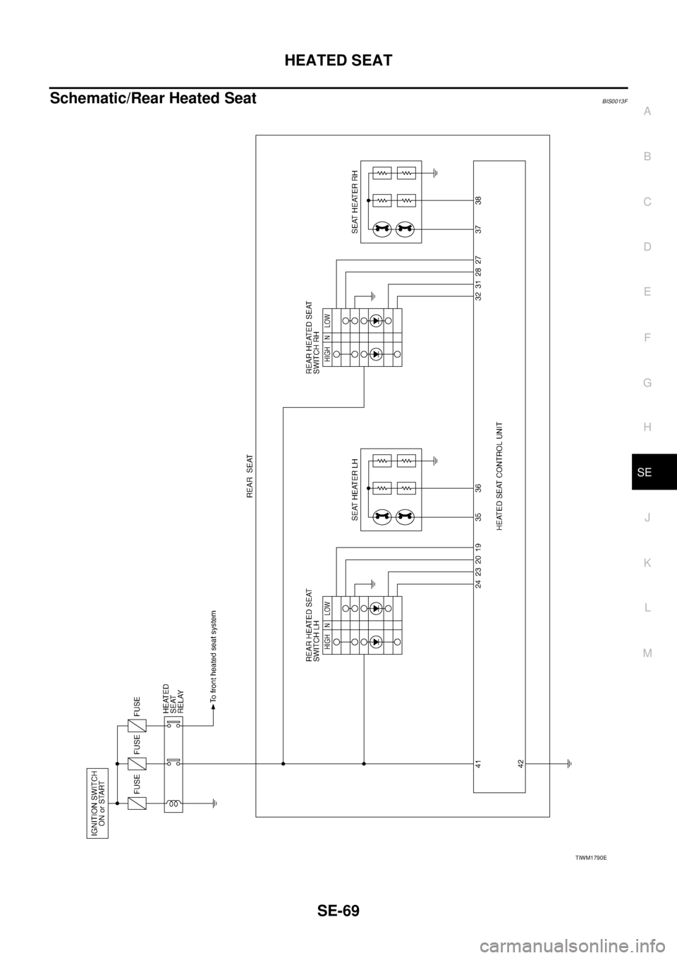 NISSAN TEANA 2003  Service Manual HEATED SEAT
SE-69
C
D
E
F
G
H
J
K
L
MA
B
SE
 
Schematic/Rear Heated SeatBIS0013F
TIWM1790E 