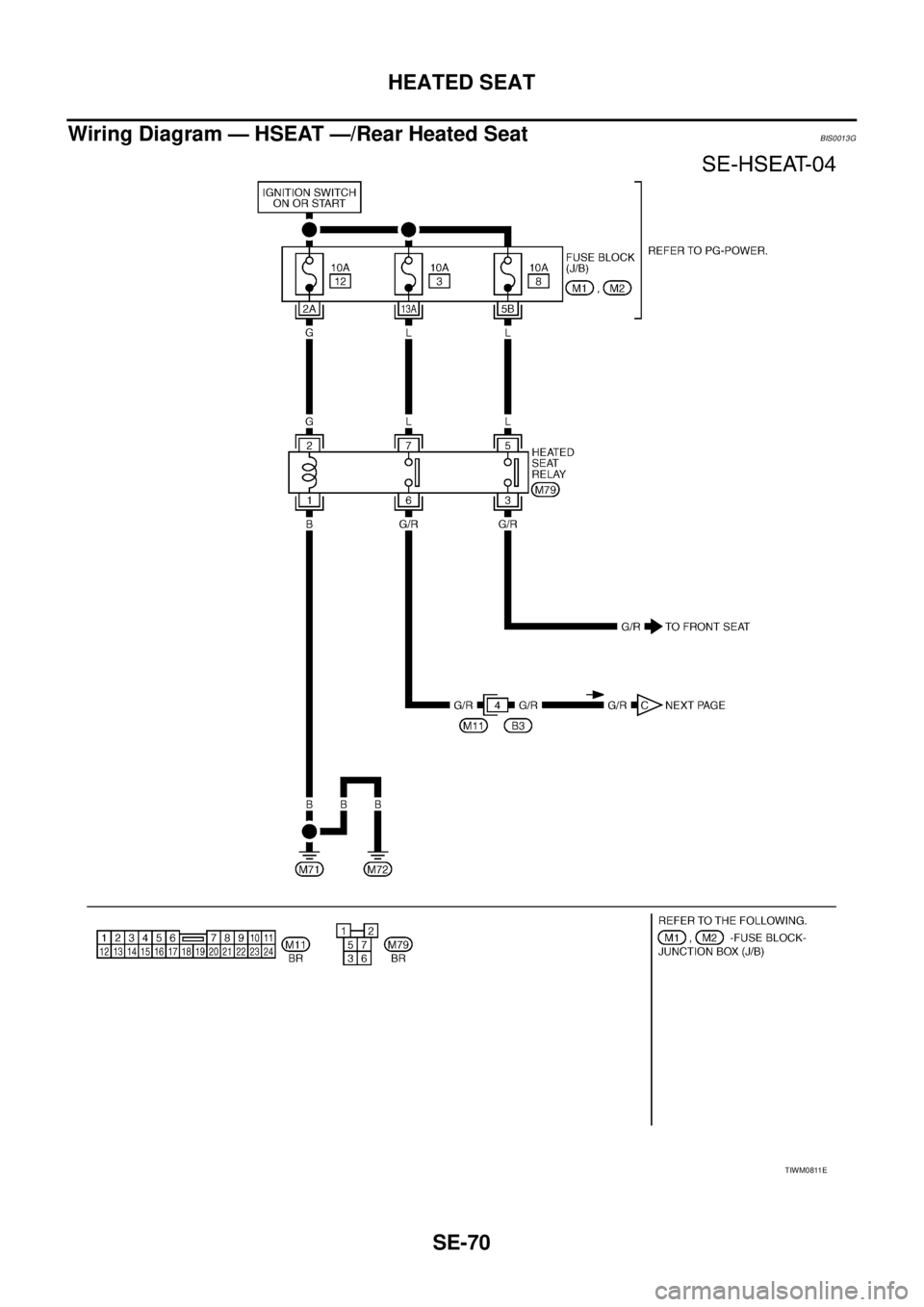 NISSAN TEANA 2003  Service Manual SE-70
HEATED SEAT
 
Wiring Diagram — HSEAT —/Rear Heated SeatBIS0013G
TIWM0811E 