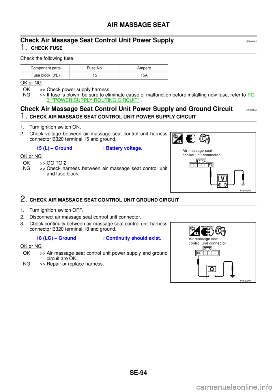 NISSAN TEANA 2003  Service Manual SE-94
AIR MASSAGE SEAT
 
Check Air Massage Seat Control Unit Power Supply BIS00142
1.  CHECK FUSE
Check the following fuse.
OK or NG
OK >> Check power supply harness.
NG >> If fuse is blown, be sure t