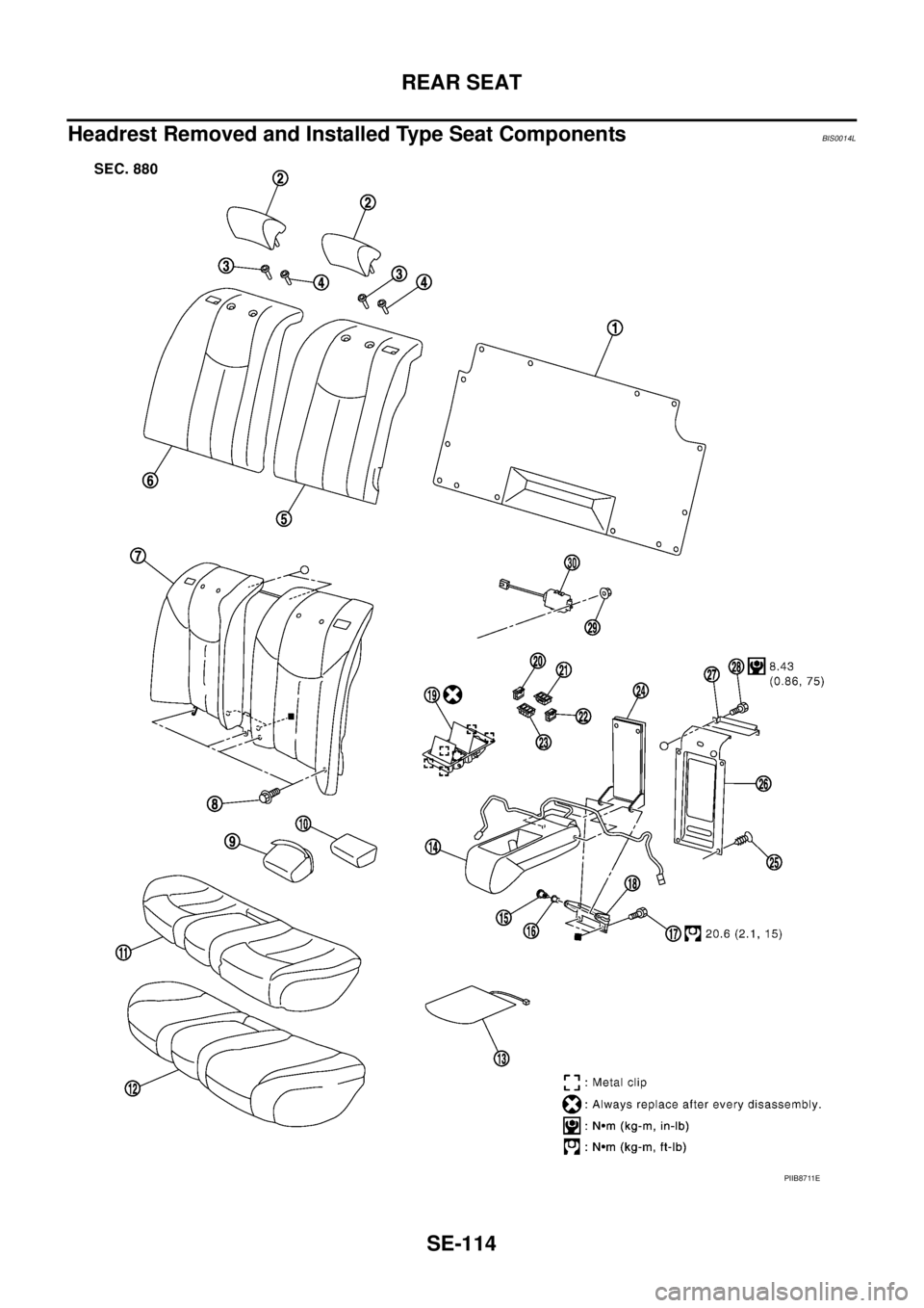 NISSAN TEANA 2003  Service Manual SE-114
REAR SEAT
 
Headrest Removed and Installed Type Seat ComponentsBIS0014L
PIIB8711E 