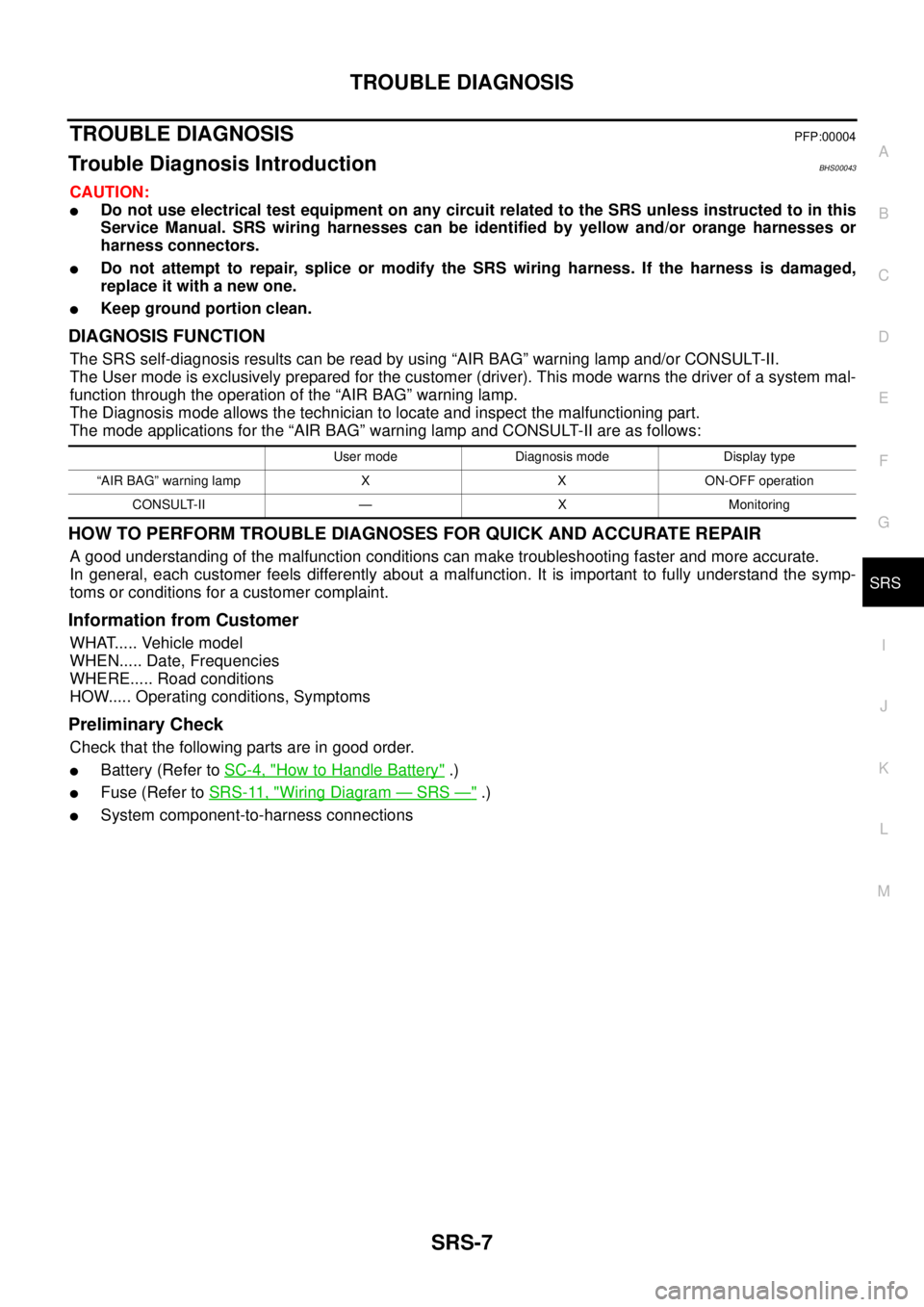 NISSAN TEANA 2003 Service Manual TROUBLE DIAGNOSIS
SRS-7
C
D
E
F
G
I
J
K
L
MA
B
SRS
TROUBLE DIAGNOSISPFP:00004
Trouble Diagnosis IntroductionBHS00043
CAUTION:
Do not use electrical test equipment on any circuit related to the SRS NISSAN TEANA 2003 Service Manual TROUBLE DIAGNOSIS
SRS-7
C
D
E
F
G
I
J
K
L
MA
B
SRS
TROUBLE DIAGNOSISPFP:00004
Trouble Diagnosis IntroductionBHS00043
CAUTION:
Do not use electrical test equipment on any circuit related to the SRS