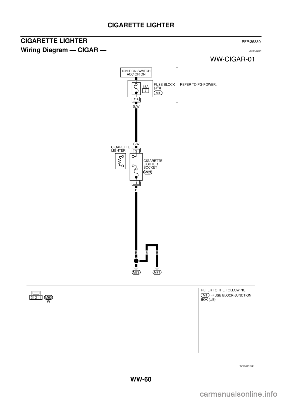 NISSAN TEANA 2003  Service Manual WW-60
CIGARETTE LIGHTER
 
CIGARETTE LIGHTERPFP:35330
Wiring Diagram — CIGAR —BKS001UB
TKWM2321E 