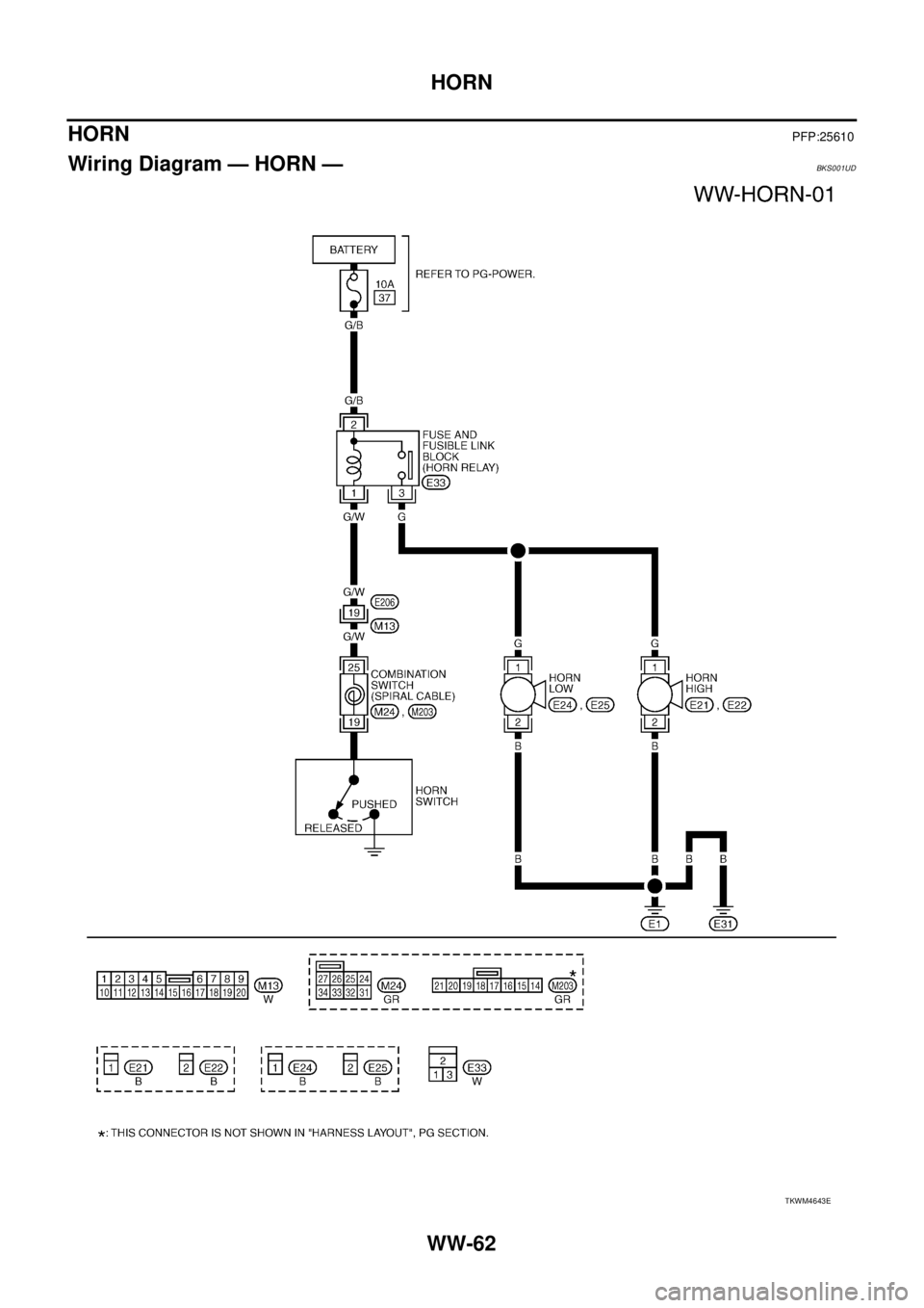 NISSAN TEANA 2003  Service Manual WW-62
HORN
 
HORNPFP:25610
Wiring Diagram — HORN —BKS001UD
TKWM4643E 