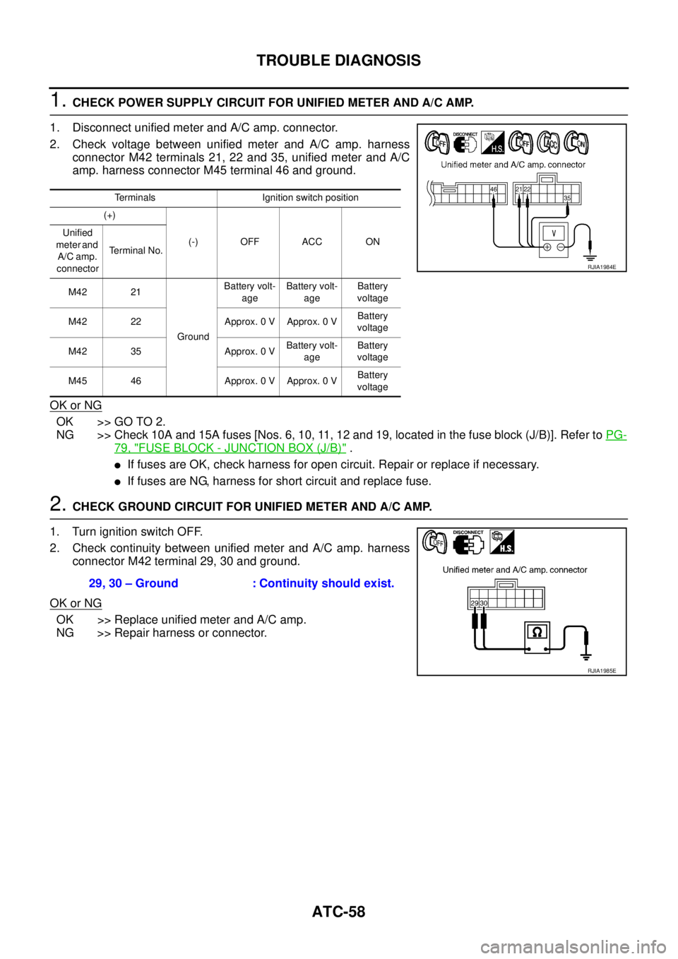 NISSAN TEANA 2003  Service Manual ATC-58
TROUBLE DIAGNOSIS
 
1. CHECK POWER SUPPLY CIRCUIT FOR UNIFIED METER AND A/C AMP.
1. Disconnect unified meter and A/C amp. connector.
2. Check voltage between unified meter and A/C amp. harness

