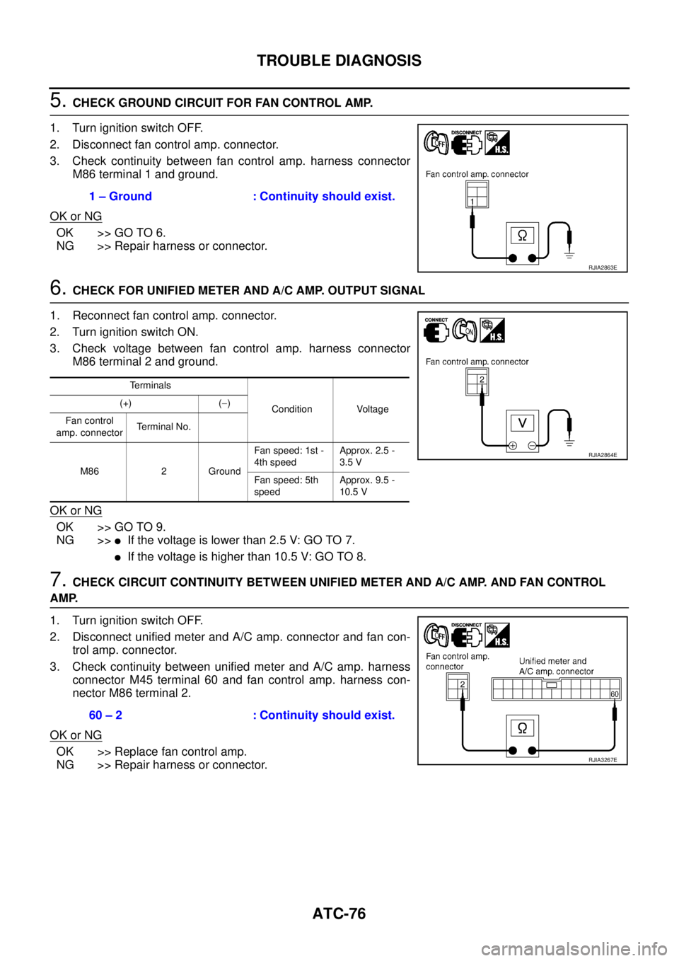 NISSAN TEANA 2003  Service Manual ATC-76
TROUBLE DIAGNOSIS
 
5. CHECK GROUND CIRCUIT FOR FAN CONTROL AMP.
1. Turn ignition switch OFF.
2. Disconnect fan control amp. connector.
3. Check continuity between fan control amp. harness conn