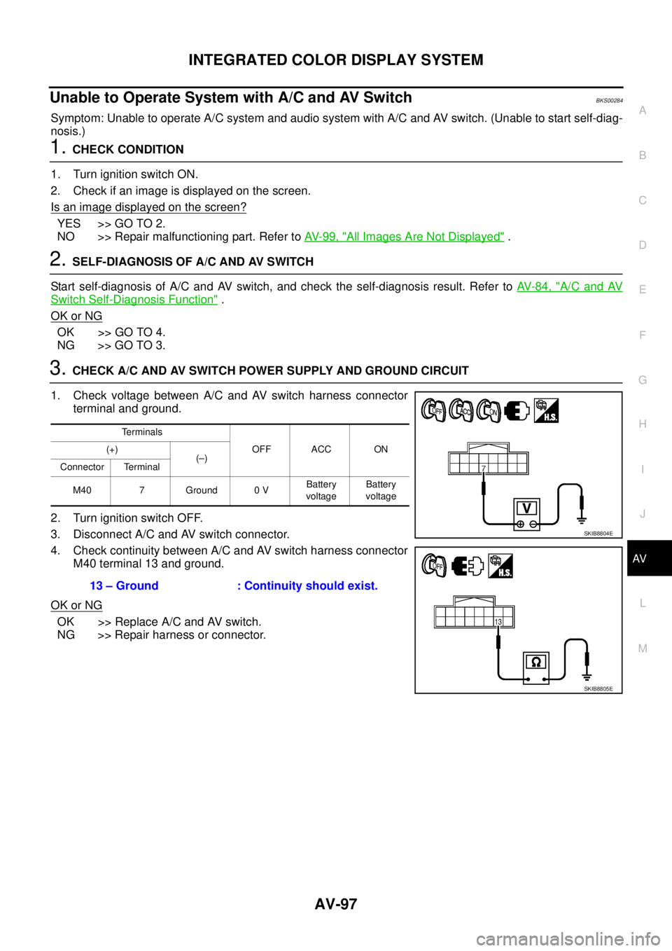 NISSAN TEANA 2003  Service Manual INTEGRATED COLOR DISPLAY SYSTEM
AV-97
C
D
E
F
G
H
I
J
L
MA
B
AV
 
Unable to Operate System with A/C and AV SwitchBKS00284
Symptom: Unable to operate A/C system and audio system with A/C and AV switch.