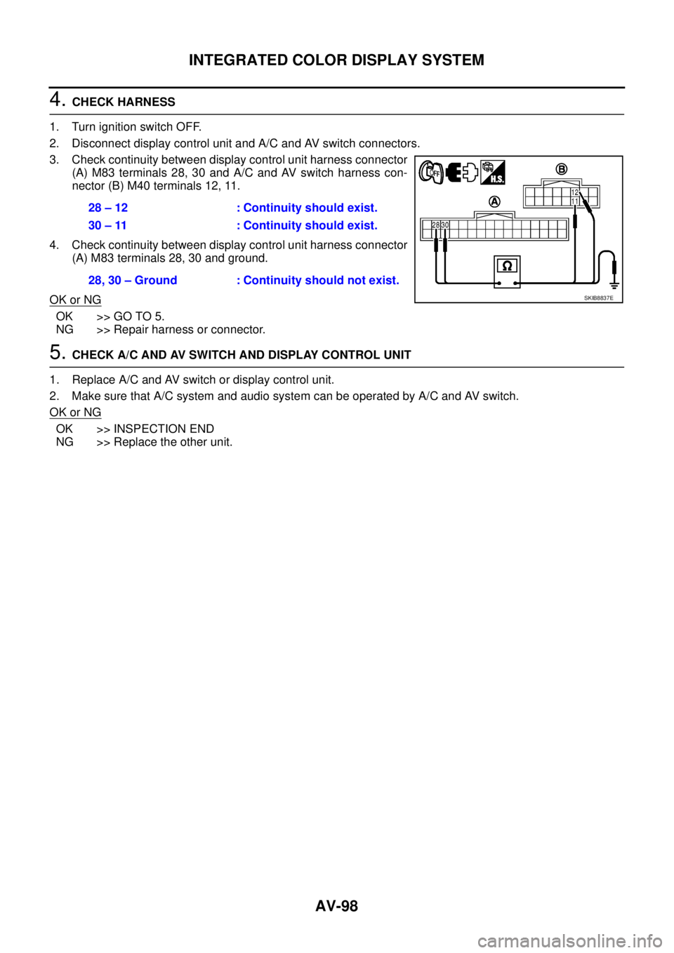 NISSAN TEANA 2003  Service Manual AV-98
INTEGRATED COLOR DISPLAY SYSTEM
 
4. CHECK HARNESS
1. Turn ignition switch OFF.
2. Disconnect display control unit and A/C and AV switch connectors.
3. Check continuity between display control u