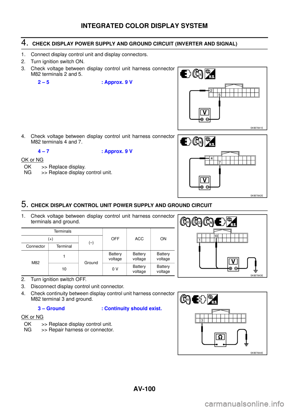 NISSAN TEANA 2003  Service Manual AV-100
INTEGRATED COLOR DISPLAY SYSTEM
 
4.  CHECK DISPLAY POWER SUPPLY AND GROUND CIRCUIT (INVERTER AND SIGNAL)
1. Connect display control unit and display connectors.
2. Turn ignition switch ON.
3. 