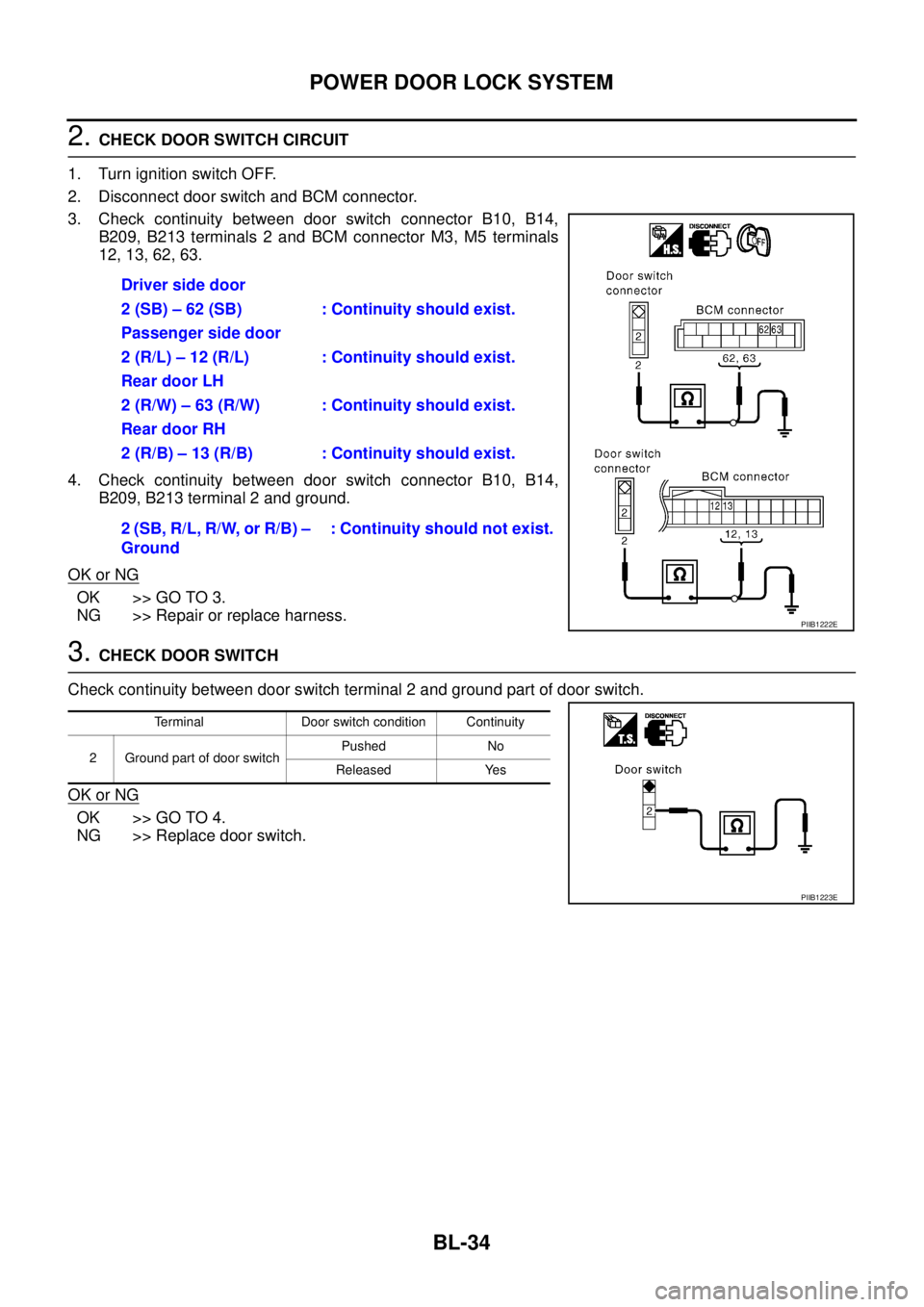 NISSAN TEANA 2003 Service Manual BL-34
POWER DOOR LOCK SYSTEM
2. CHECK DOOR SWITCH CIRCUIT
1. Turn ignition switch OFF.
2. Disconnect door switch and BCM connector.
3. Check continuity between door switch connector B10, B14,
B209, NISSAN TEANA 2003 Service Manual BL-34
POWER DOOR LOCK SYSTEM
2. CHECK DOOR SWITCH CIRCUIT
1. Turn ignition switch OFF.
2. Disconnect door switch and BCM connector.
3. Check continuity between door switch connector B10, B14,
B209,