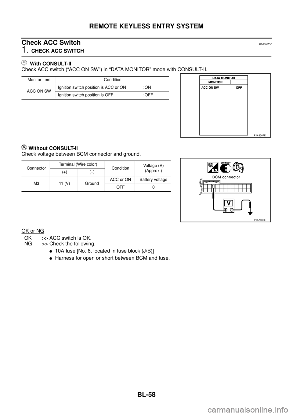 NISSAN TEANA 2003  Service Manual BL-58
REMOTE KEYLESS ENTRY SYSTEM
 
Check ACC SwitchBIS000WQ
1. CHECK ACC SWITCH
 With CONSULT-II
Check ACC switch (“ACC ON SW”) in “DATA MONITOR” mode with CONSULT-II.
Without CONSULT-II
Chec