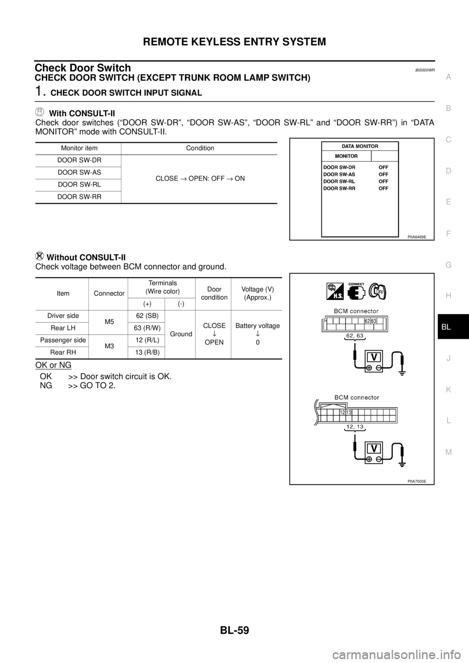 NISSAN TEANA 2003  Service Manual REMOTE KEYLESS ENTRY SYSTEM
BL-59
C
D
E
F
G
H
J
K
L
MA
B
BL
 
Check Door SwitchBIS000WR
CHECK DOOR SWITCH (EXCEPT TRUNK ROOM LAMP SWITCH)
1. CHECK DOOR SWITCH INPUT SIGNAL
 With CONSULT-II
Check door 