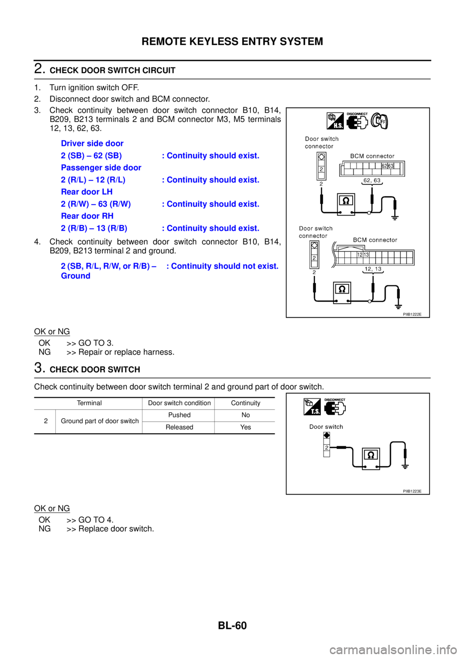 NISSAN TEANA 2003  Service Manual BL-60
REMOTE KEYLESS ENTRY SYSTEM
 
2. CHECK DOOR SWITCH CIRCUIT 
1. Turn ignition switch OFF.
2. Disconnect door switch and BCM connector.
3. Check continuity between door switch connector B10, B14,
