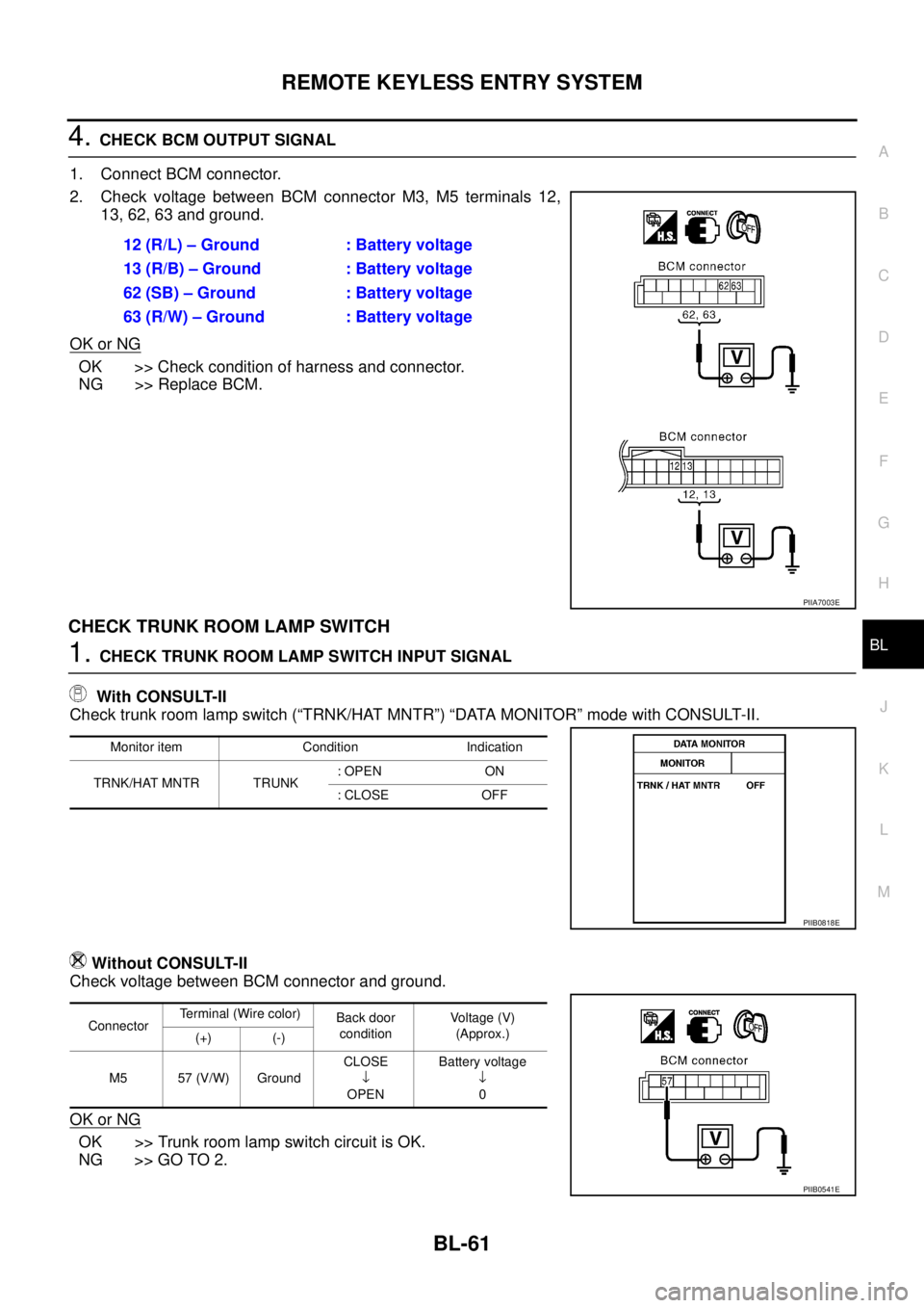 NISSAN TEANA 2003  Service Manual REMOTE KEYLESS ENTRY SYSTEM
BL-61
C
D
E
F
G
H
J
K
L
MA
B
BL
 
4. CHECK BCM OUTPUT SIGNAL
1. Connect BCM connector.
2. Check voltage between BCM connector M3, M5 terminals 12,
13, 62, 63 and ground.
OK