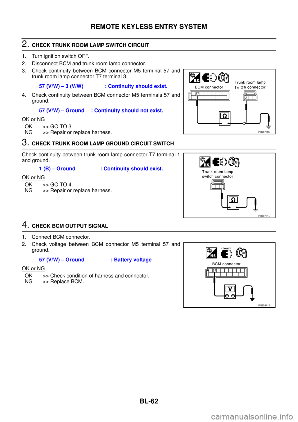NISSAN TEANA 2003  Service Manual BL-62
REMOTE KEYLESS ENTRY SYSTEM
 
2. CHECK TRUNK ROOM LAMP SWITCH CIRCUIT 
1. Turn ignition switch OFF.
2. Disconnect BCM and trunk room lamp connector.
3. Check continuity between BCM connector M5 
