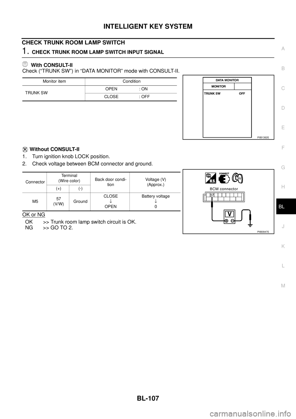 NISSAN TEANA 2003  Service Manual INTELLIGENT KEY SYSTEM
BL-107
C
D
E
F
G
H
J
K
L
MA
B
BL
 
CHECK TRUNK ROOM LAMP SWITCH
1. CHECK TRUNK ROOM LAMP SWITCH INPUT SIGNAL
 With CONSULT-II
Check (“TRUNK SW”) in “DATA MONITOR” mode w