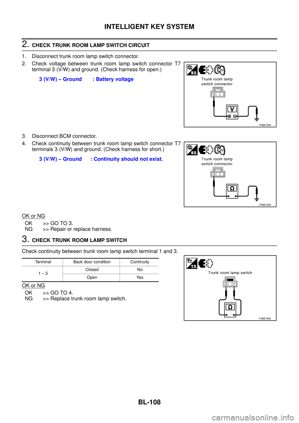 NISSAN TEANA 2003  Service Manual BL-108
INTELLIGENT KEY SYSTEM
 
2. CHECK TRUNK ROOM LAMP SWITCH CIRCUIT
1. Disconnect trunk room lamp switch connector.
2. Check voltage between trunk room lamp switch connector T7
terminal 3 (V/W) an
