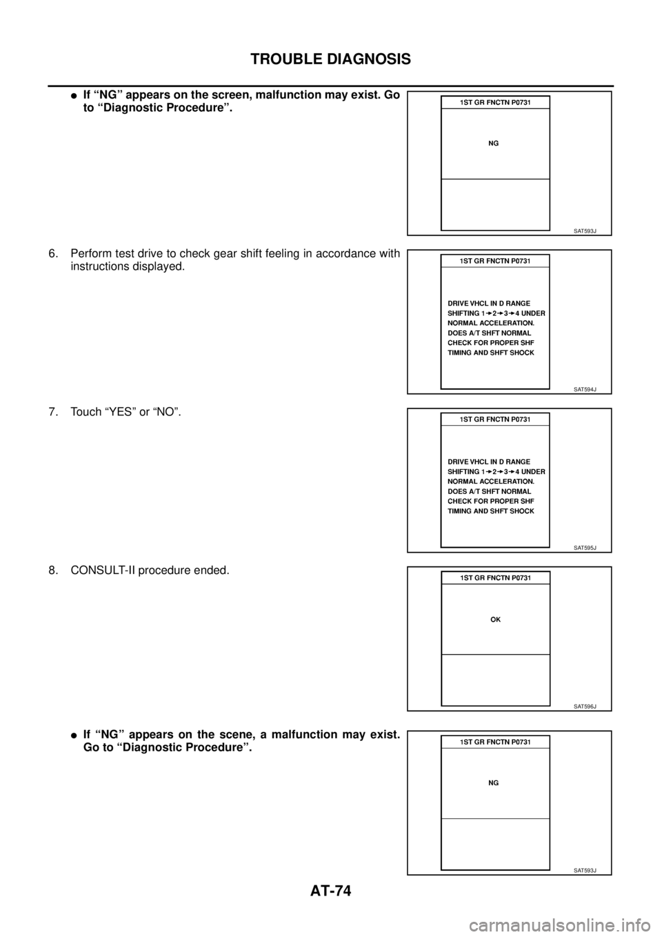 NISSAN TEANA 2003  Service Manual AT-74
TROUBLE DIAGNOSIS
 
If “NG” appears on the screen, malfunction may exist. Go
to “Diagnostic Procedure”.
6. Perform test drive to check gear shift feeling in accordance with
instructions