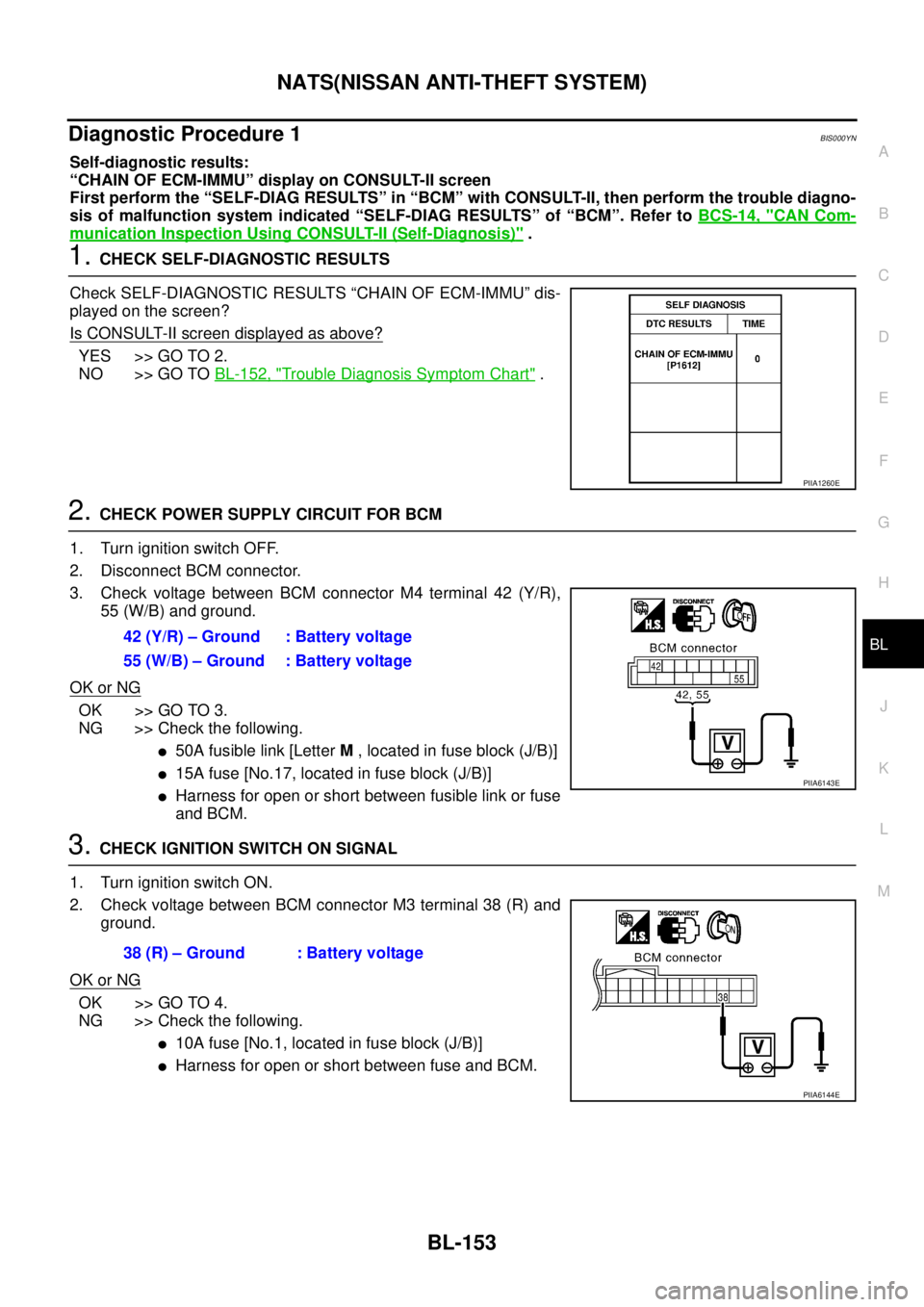 NISSAN TEANA 2003  Service Manual NATS(NISSAN ANTI-THEFT SYSTEM)
BL-153
C
D
E
F
G
H
J
K
L
MA
B
BL
 
Diagnostic Procedure 1BIS000YN
Self-diagnostic results:
“CHAIN OF ECM-IMMU” display on CONSULT-II screen
First perform the “SELF