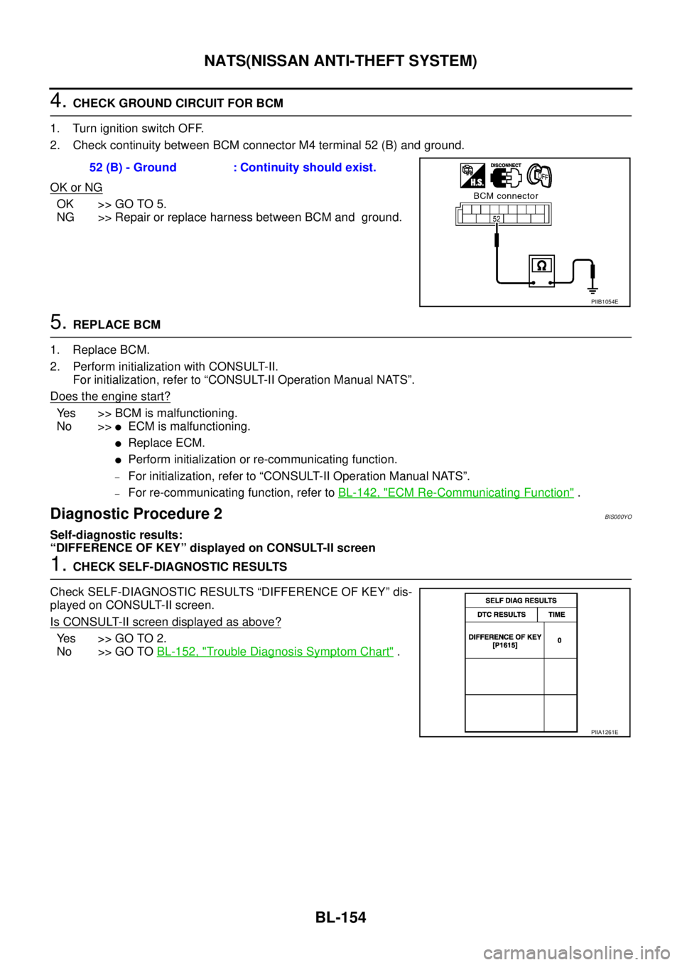 NISSAN TEANA 2003  Service Manual BL-154
NATS(NISSAN ANTI-THEFT SYSTEM)
 
4. CHECK GROUND CIRCUIT FOR BCM
1. Turn ignition switch OFF.
2. Check continuity between BCM connector M4 terminal 52 (B) and ground.
OK or NG
OK >> GO TO 5.
NG