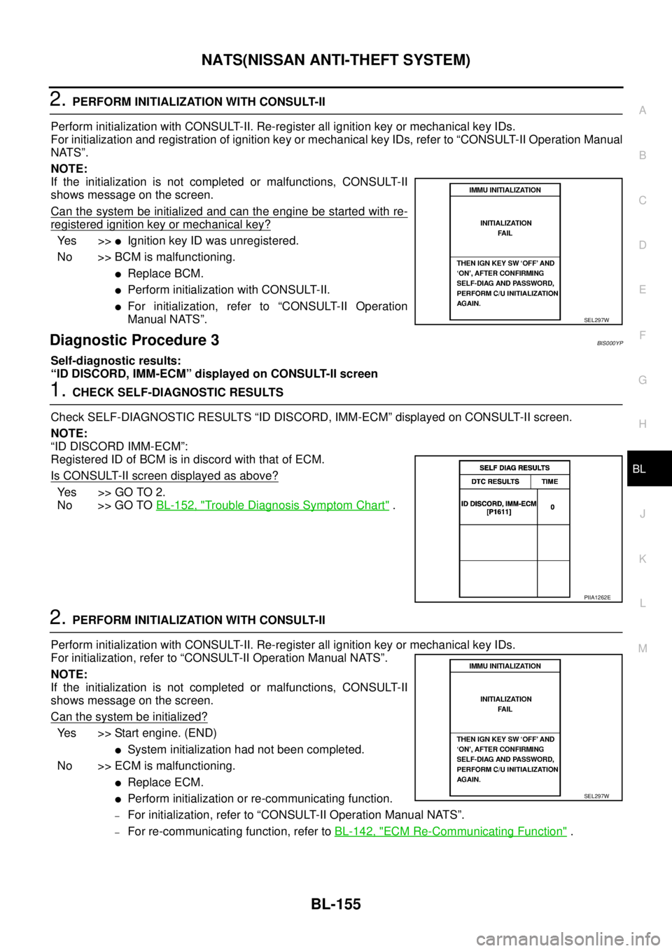 NISSAN TEANA 2003  Service Manual NATS(NISSAN ANTI-THEFT SYSTEM)
BL-155
C
D
E
F
G
H
J
K
L
MA
B
BL
 
2. PERFORM INITIALIZATION WITH CONSULT-II
Perform initialization with CONSULT-II. Re-register all ignition key or mechanical key IDs.
