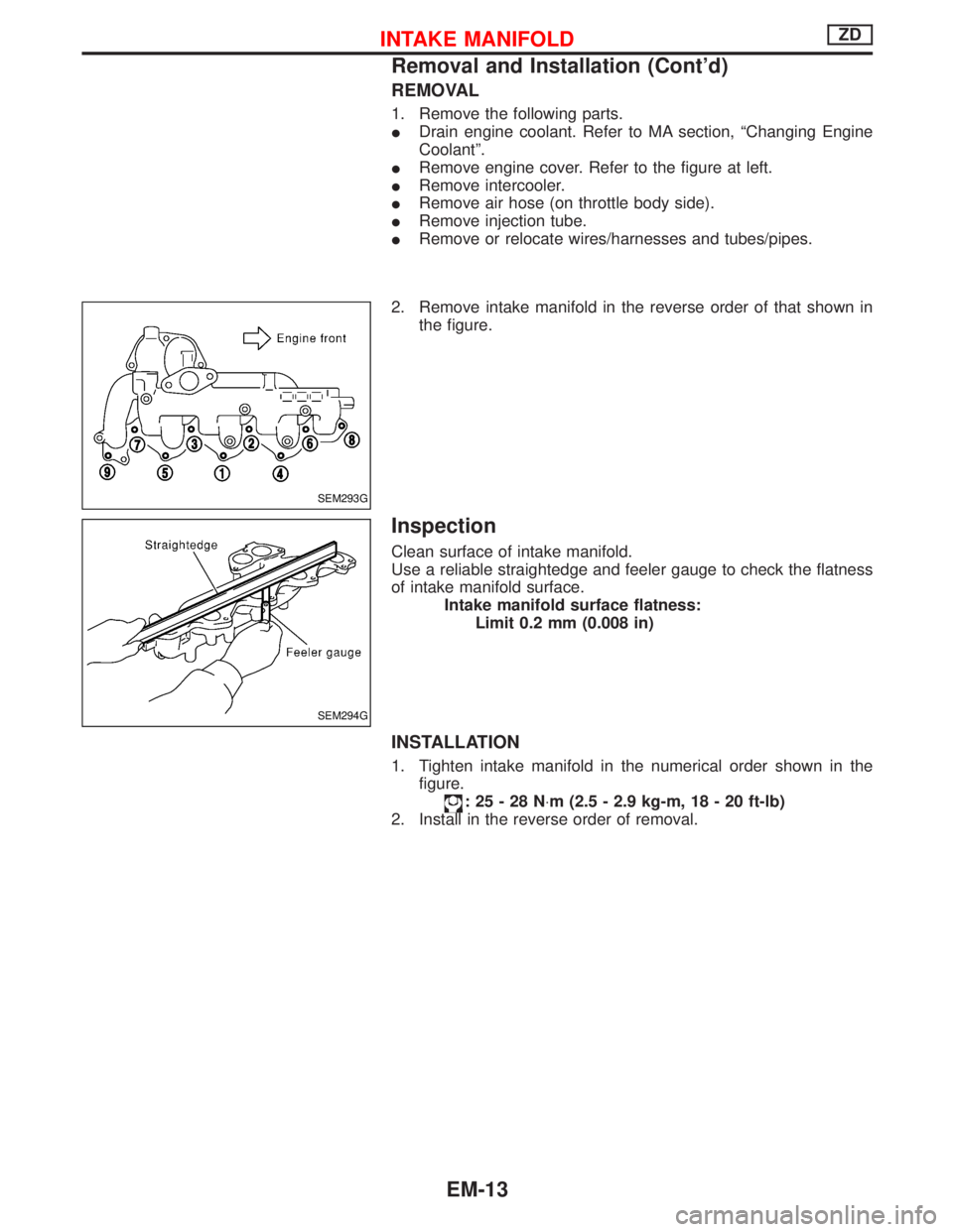 NISSAN TERRANO 2002  Service Repair Manual REMOVAL
1. Remove the following parts.
IDrain engine coolant. Refer to MA section, ªChanging Engine
Coolantº.
IRemove engine cover. Refer to the figure at left.
IRemove intercooler.
IRemove air hose